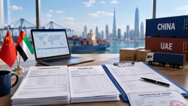 Shipping documents and customs paperwork for cargo shipping from China to UAE