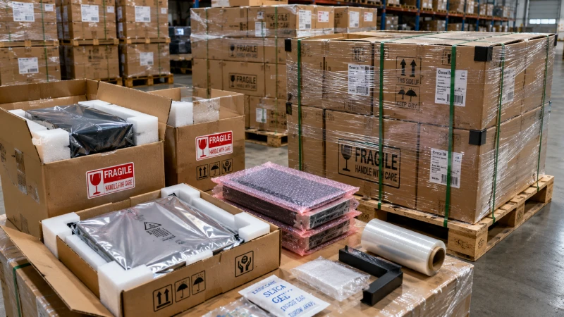 Protected electronics cartons and palletized cargo prepared for international shipping to UAE