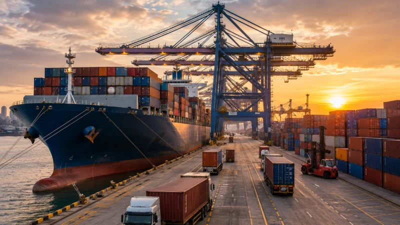 FCL container shipping from China to Saudi Arabia with stacked containers at a modern seaport terminal