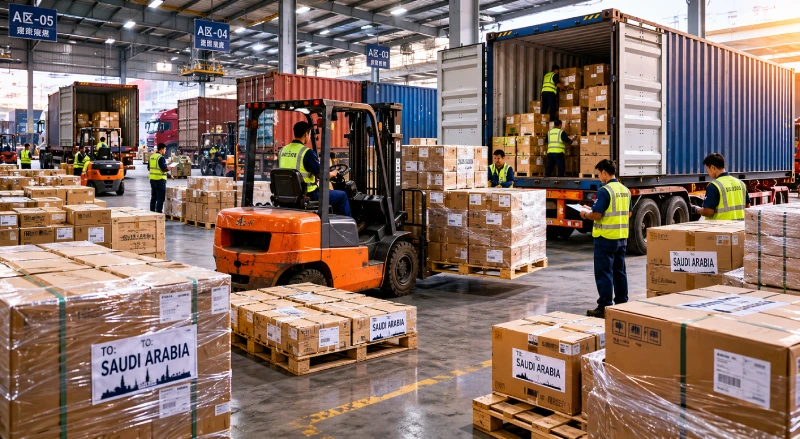 LCL cargo consolidation warehouse and shared shipping containers for Saudi Arabia imports from China