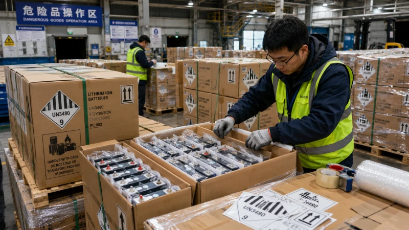 UN-certified lithium battery packaging prepared for dangerous goods shipping from China to Saudi Arabia