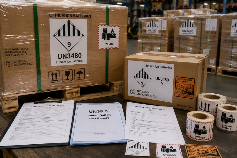 Compliant lithium battery packaging and dangerous goods documentation for export shipping