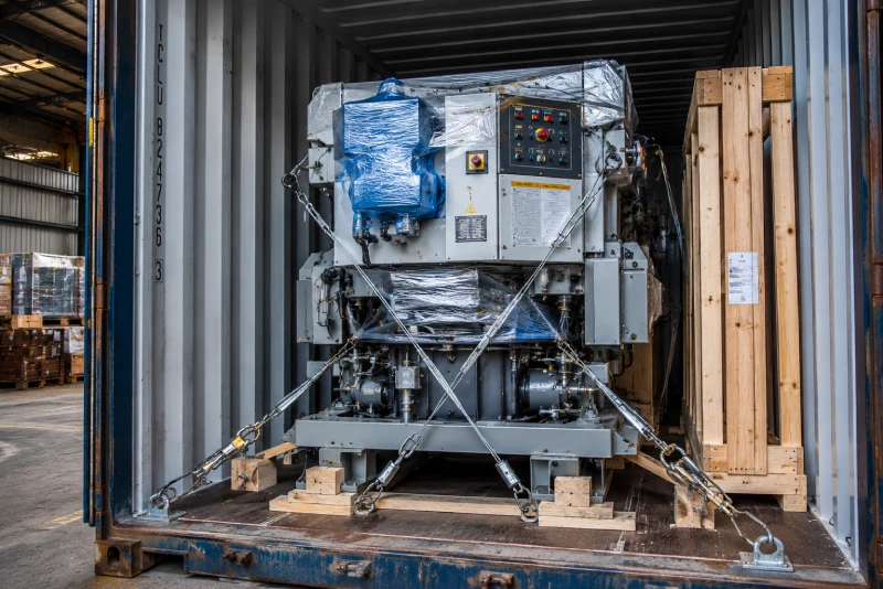 Industrial machinery secured inside container for shipping to Saudi Arabia