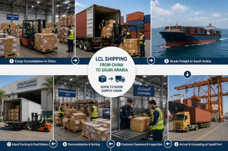 LCL shipping cost breakdown process from China warehouse to Saudi Arabia destination delivery
