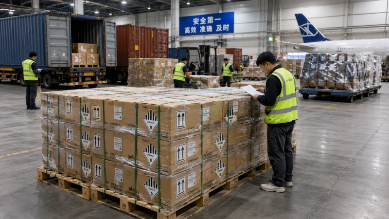 Lithium battery cargo prepared for shipping from China to Saudi Arabia in a dangerous goods logistics warehouse