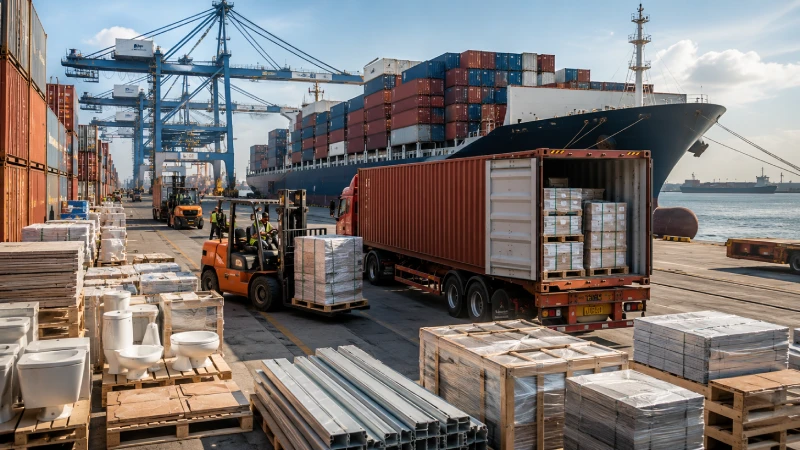Shipping building materials from China to Saudi Arabia in containers at an export port