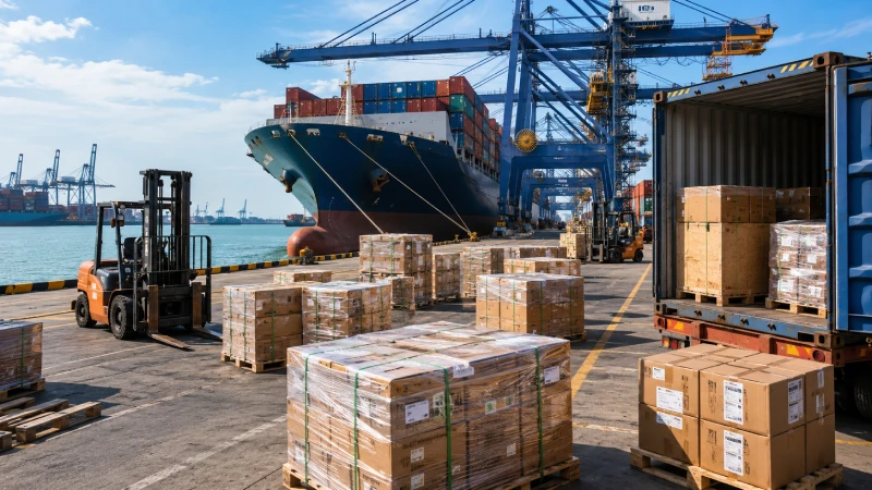 LCL sea freight cargo shipping from China to UAE with container loading and CBM volume calculation concept