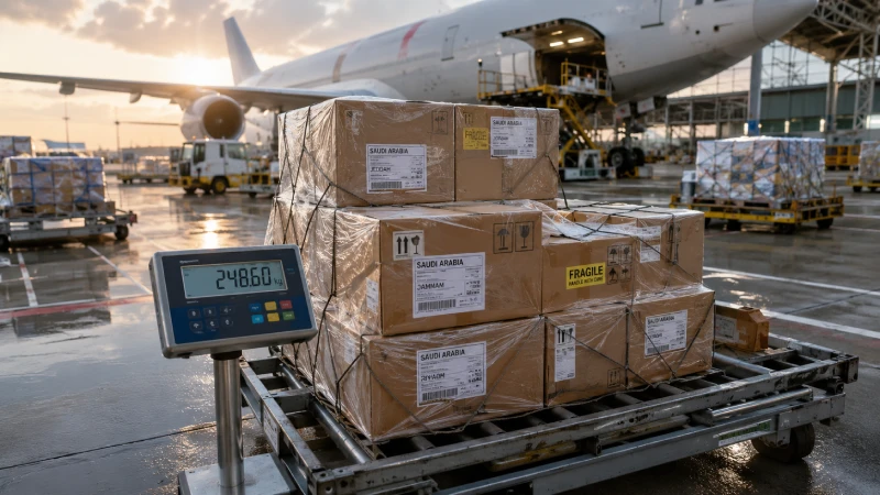 Air cargo shipment from China to Saudi Arabia with freight cartons and cargo weight measurement