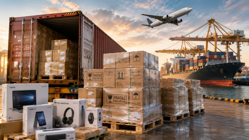 Packaged electronics cargo prepared for shipping from China to UAE in a professional logistics warehouse