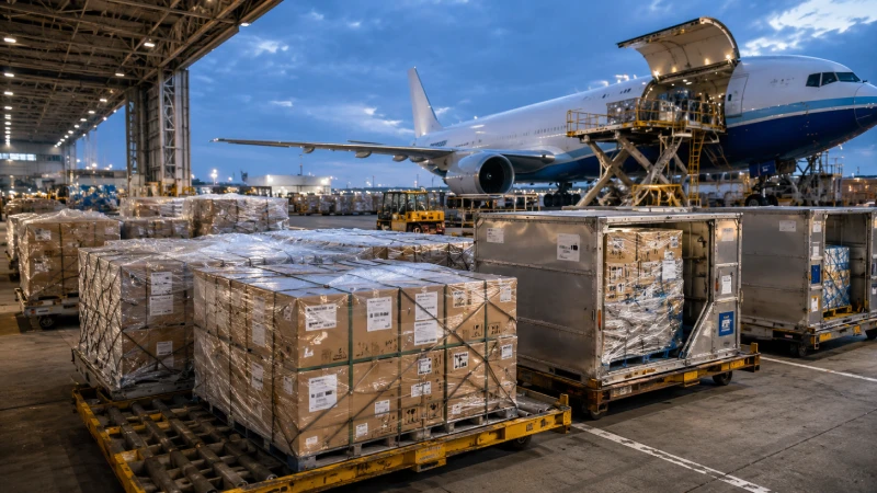 Air freight electronics cargo shipping from China to Saudi Arabia at an international cargo terminal