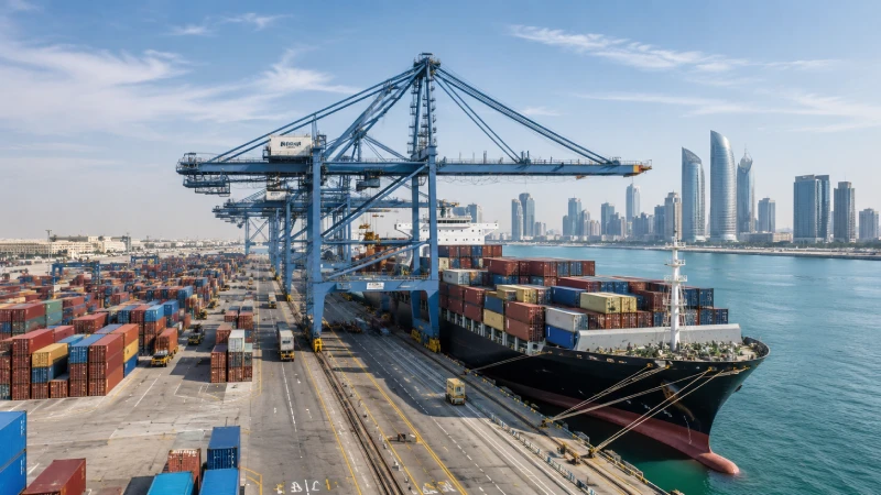 Container cargo operations at Khalifa Port for commercial shipping from China to Abu Dhabi