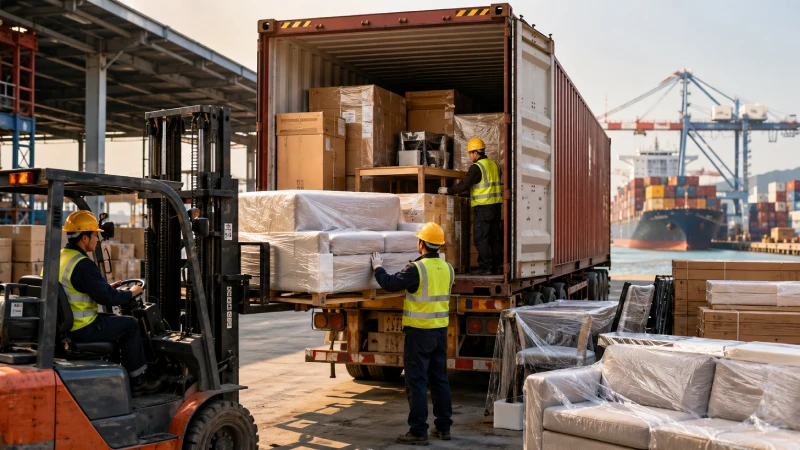 Furniture shipment loading into sea freight container from China to UAE