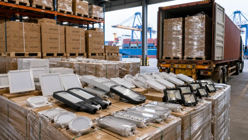 LED lighting products being prepared for export from China to Saudi Arabia with containers and logistics operations
