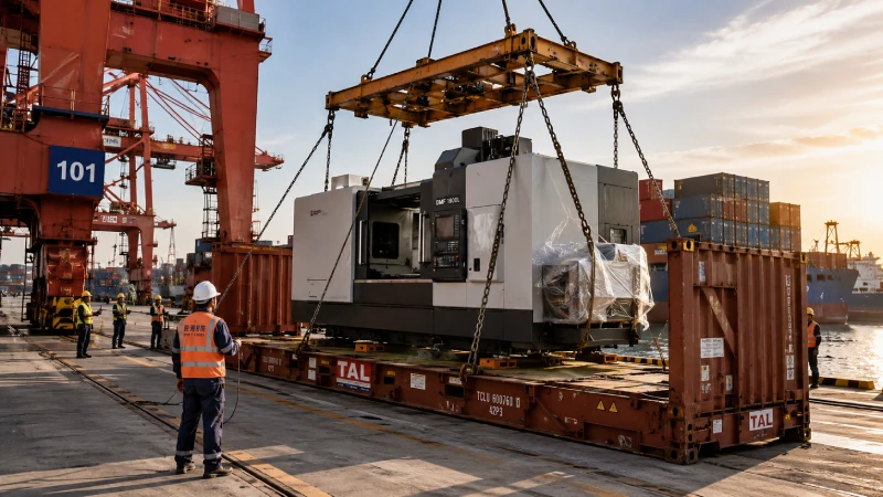 Heavy industrial machinery loading at Chinese port for shipping to UAE