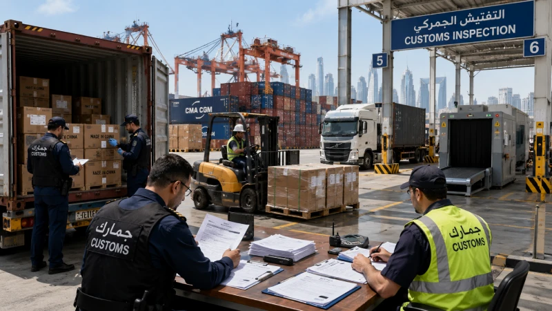 UAE customs inspection process for imported cargo shipments from China at a busy logistics terminal