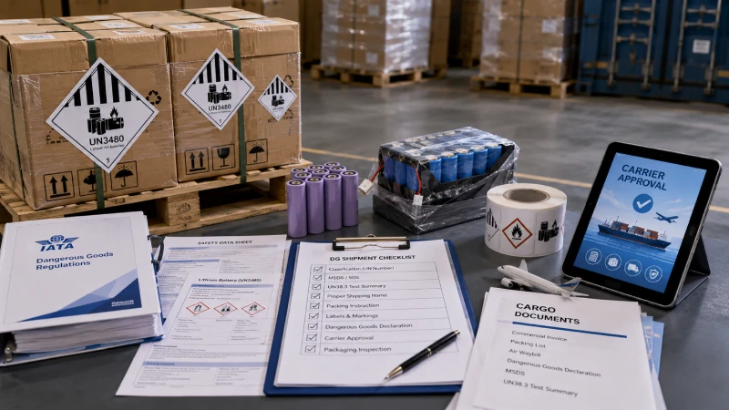Battery shipping dangerous goods documentation and packaging checklist for China to Qatar freight.