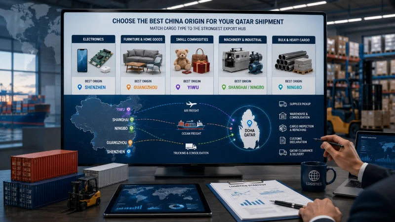 Best China export origin by cargo type for Qatar shipping including electronics, furniture, small commodities, machinery, and bulk cargo