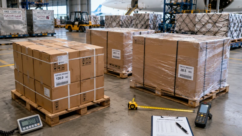 Export cartons with different sizes illustrating actual weight versus volumetric weight calculations in air freight shipping