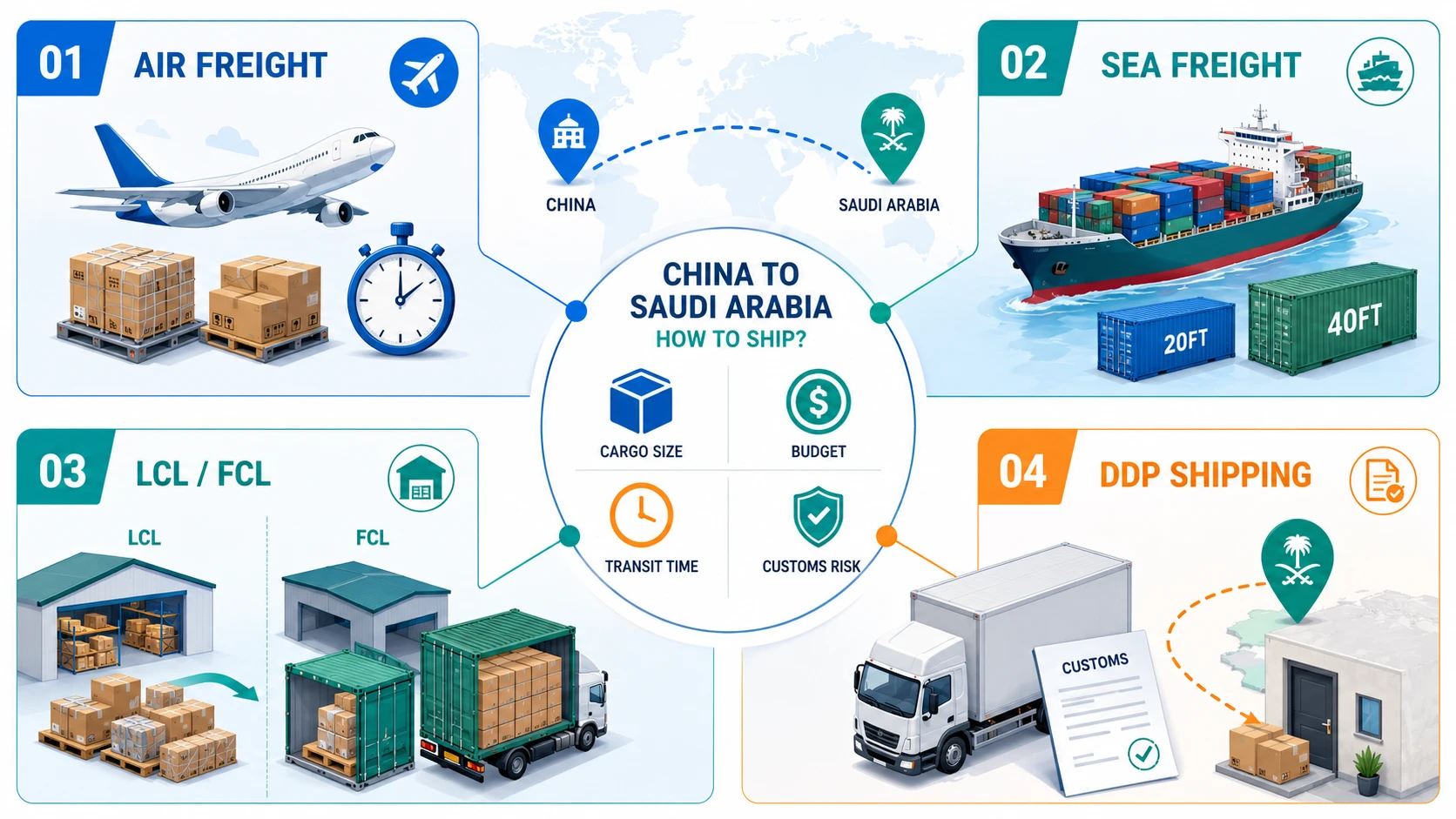 Main shipping methods from China to Saudi Arabia including air freight, sea freight, LCL, FCL and DDP