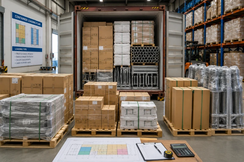 Warehouse team planning container utilization and pallet arrangement to maximize cost per cubic meter efficiency