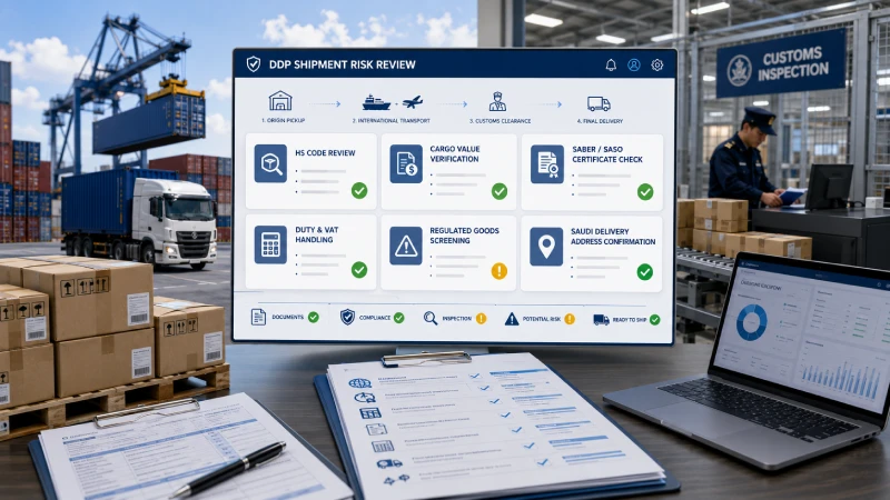 DDP shipping risk review checklist for Saudi Arabia customs clearance, including HS code, cargo value, SABER certificate, duty VAT, and delivery address checks.
