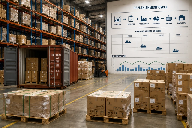 Inventory planning dashboard with container shipment schedule supporting reliable stock replenishment for Qatar importers.