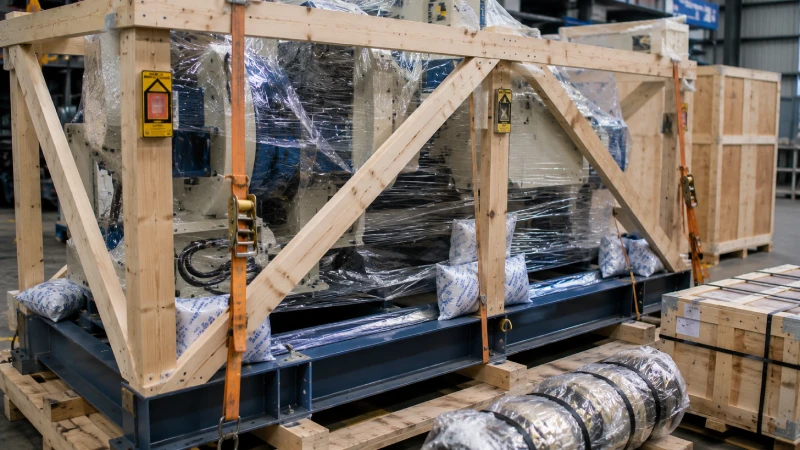 Machinery export packaging with wooden crate bracing shock indicator and moisture protection