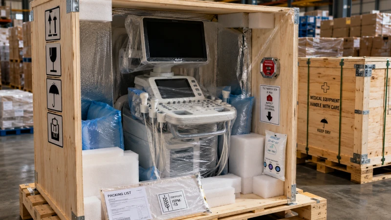 Medical equipment protected with custom wooden crates, shock sensors, moisture barriers, and export packaging for safe shipping to Saudi Arabia