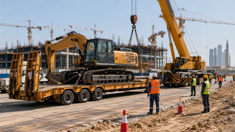 Heavy construction equipment delivery to a Qatar construction site with project logistics coordination