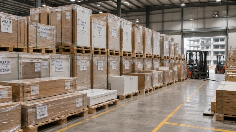 Warehouse staging area in Qatar with organized kitchen cabinet inventory prepared for scheduled installation