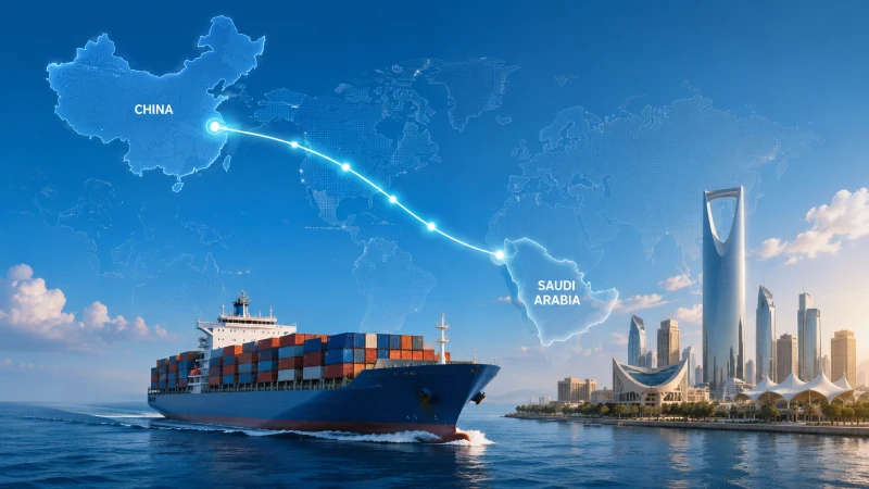 Shipping route from China to Saudi Arabia with container vessel and Saudi landmark