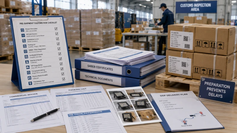 Pre-shipment customs risk checklist for Saudi Arabia imports including documents, HS code, SABER, packaging, and DDP review