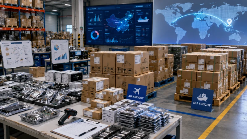 Electronics cargo consolidation in Shenzhen for Qatar shipments with SKU control, export cartons, and split air and sea freight planning.