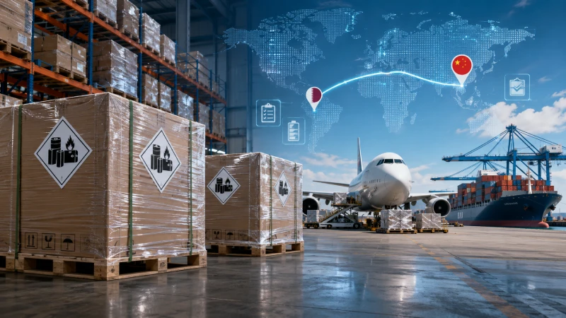 Dangerous goods battery shipment prepared for shipping from China to Qatar with secured pallets and freight route planning.
