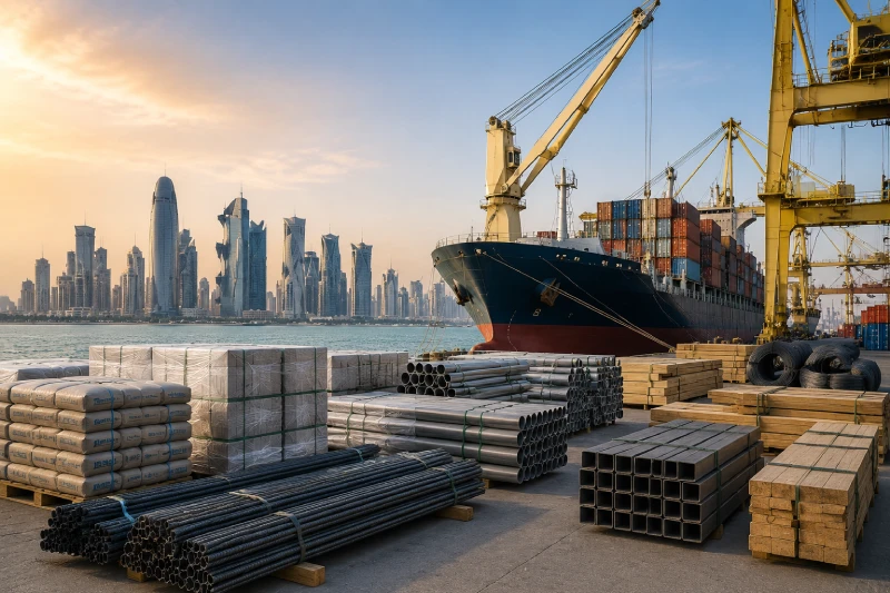 Construction project site with cranes and incoming cargo containers