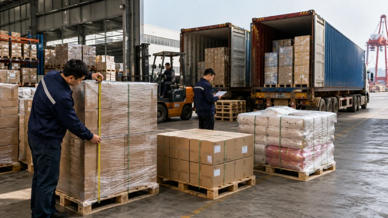 Shipping containers and LCL cargo pallets being consolidated for shipment from China to Qatar with focus on CBM-based freight planning