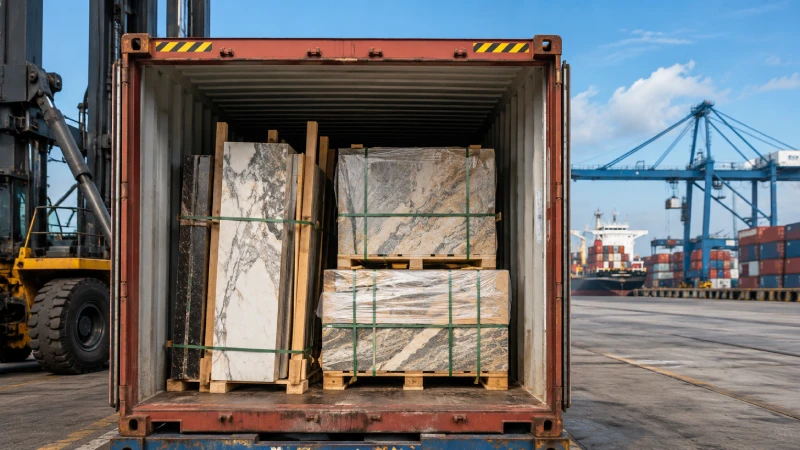 Marble slabs and granite stone cargo loaded into a 20ft shipping container for transport from China to Qatar
