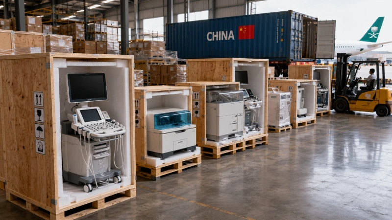 Medical equipment being prepared for export from China to Saudi Arabia with professional crating, logistics handling, and healthcare cargo transportation