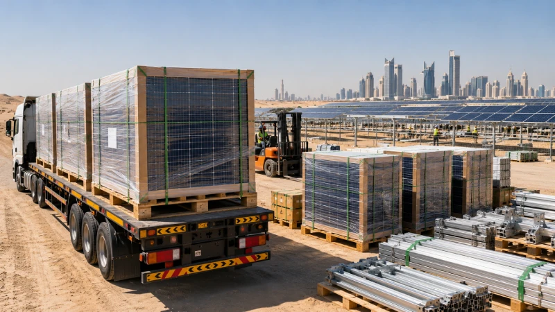 ALT:
Solar panel site delivery planning in Qatar with protected pallets and renewable energy project equipment