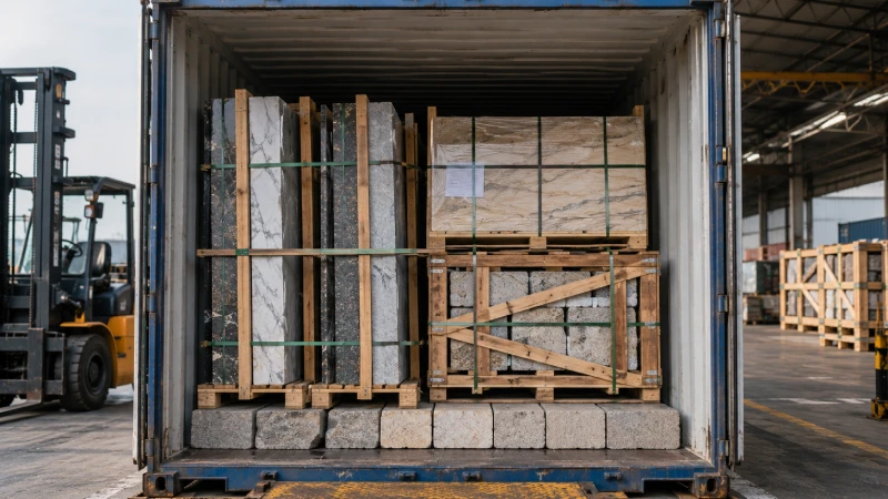 Heavy marble and granite cargo loaded efficiently inside a 20ft container to maximize payload capacity for Qatar imports
