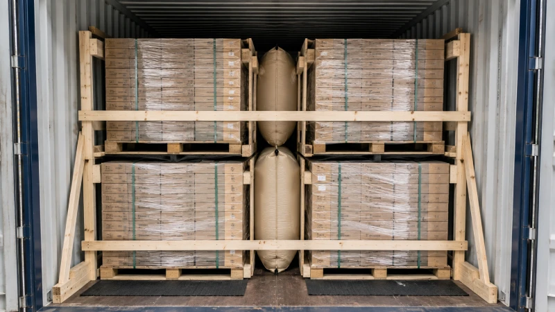 Properly secured tile pallets inside a container using airbags and cargo bracing systems