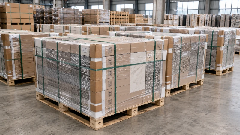 Export-ready ceramic tile pallets wrapped and prepared for international shipping from China to Qatar