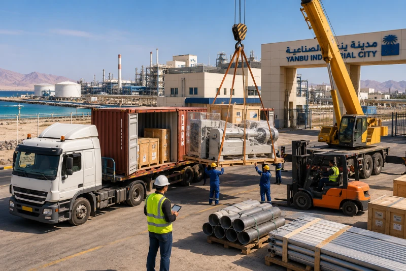 Industrial cargo delivery to Yanbu Saudi Arabia with machinery and building materials from China