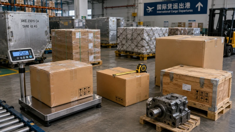 Export cartons being measured and weighed to calculate air freight chargeable and volumetric weight.