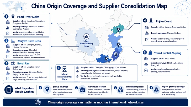 China origin coverage and supplier consolidation map showing major sourcing regions, supplier cities and export gateways