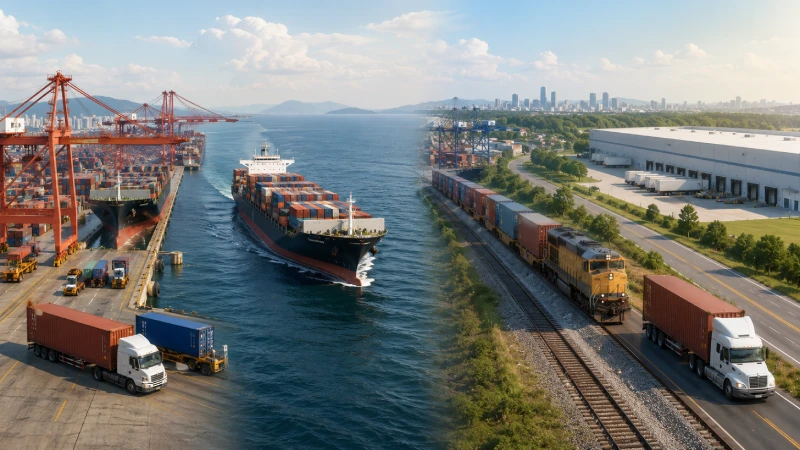 China to USA shipping route combining ocean freight, intermodal rail and final truck delivery to an inland warehouse.