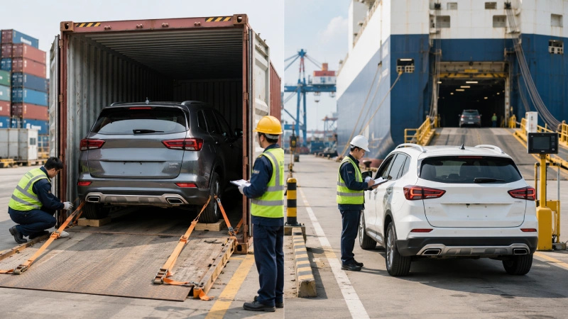 Used cars being prepared for container and RoRo shipping from a Chinese export terminal