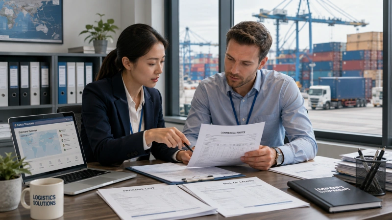 Logistics specialists reviewing import documents to resolve a US customs delay