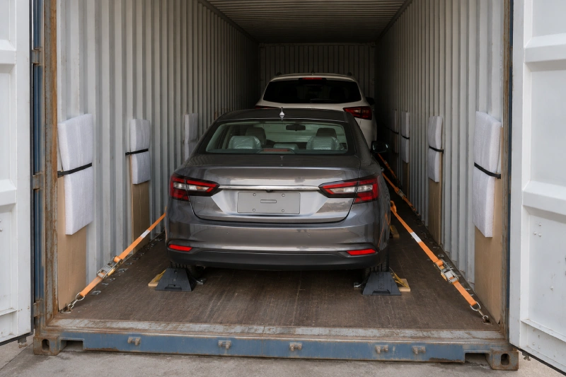 Cars secured with spacing inside a container using flat-floor loading