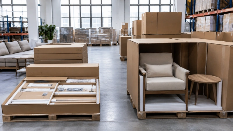 Flat-pack and assembled furniture prepared for export shipping from China
